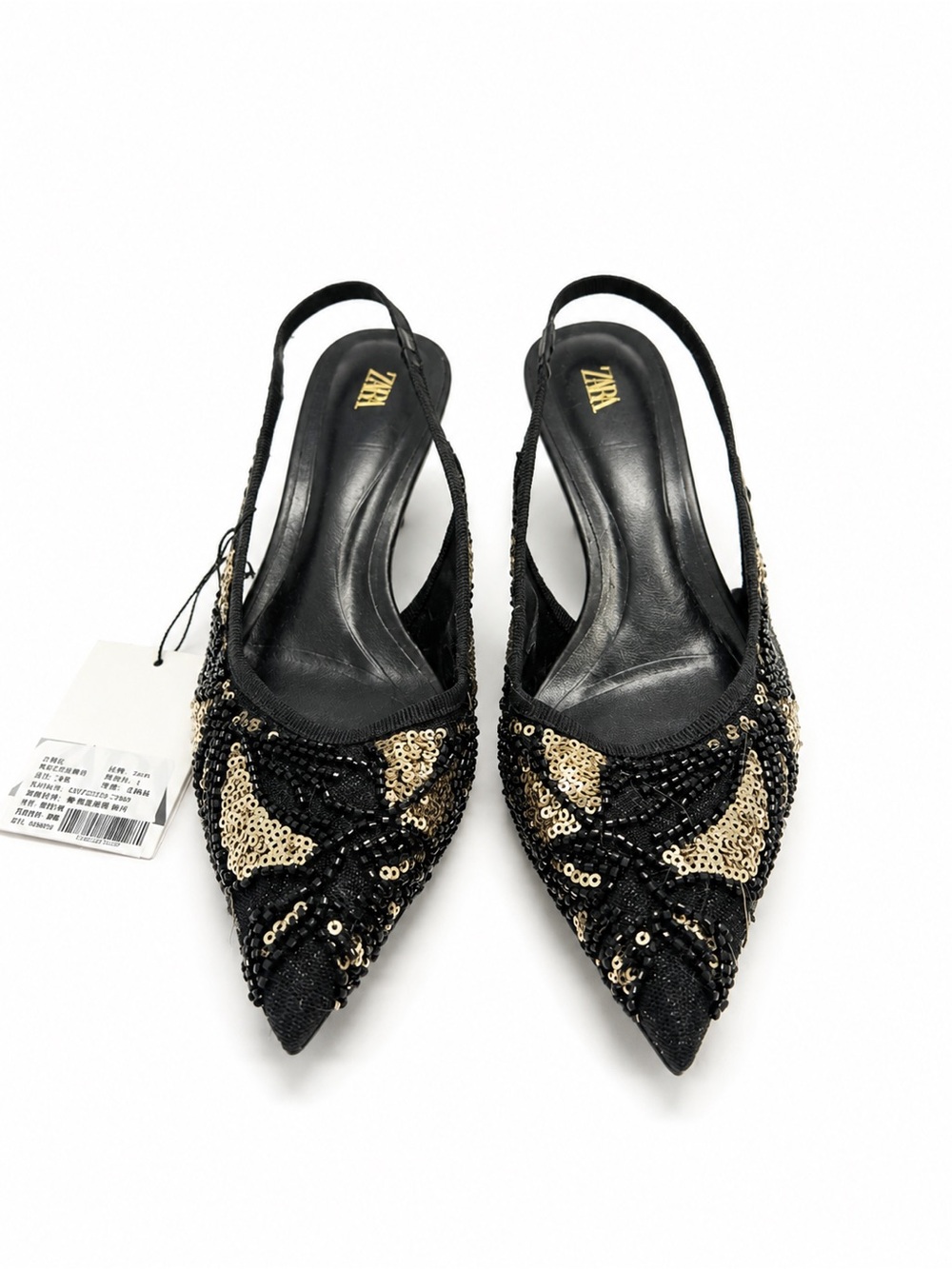 ZARA Black & Gold Sequin Pointed Slingback Heels
